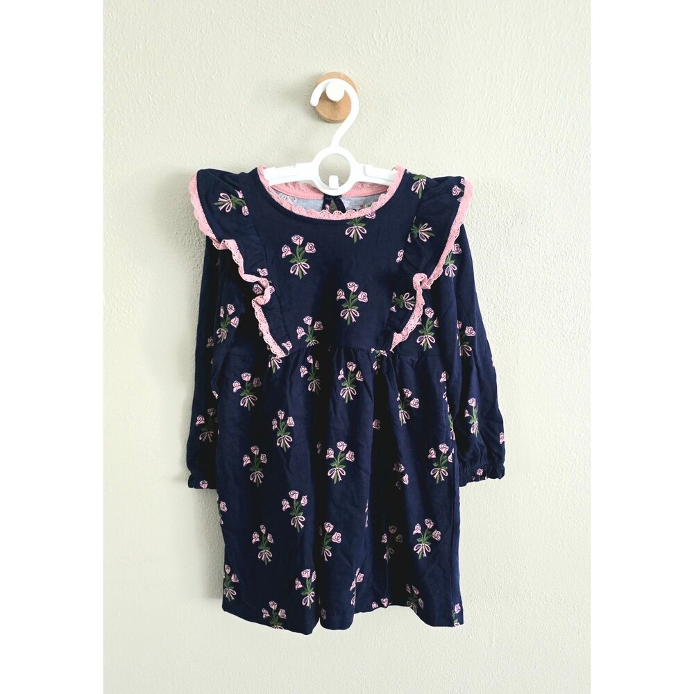 NWOT Mini Boden Long Sleeve Ruffle Dress-College Navy Posy, Sz 4/5-9/10